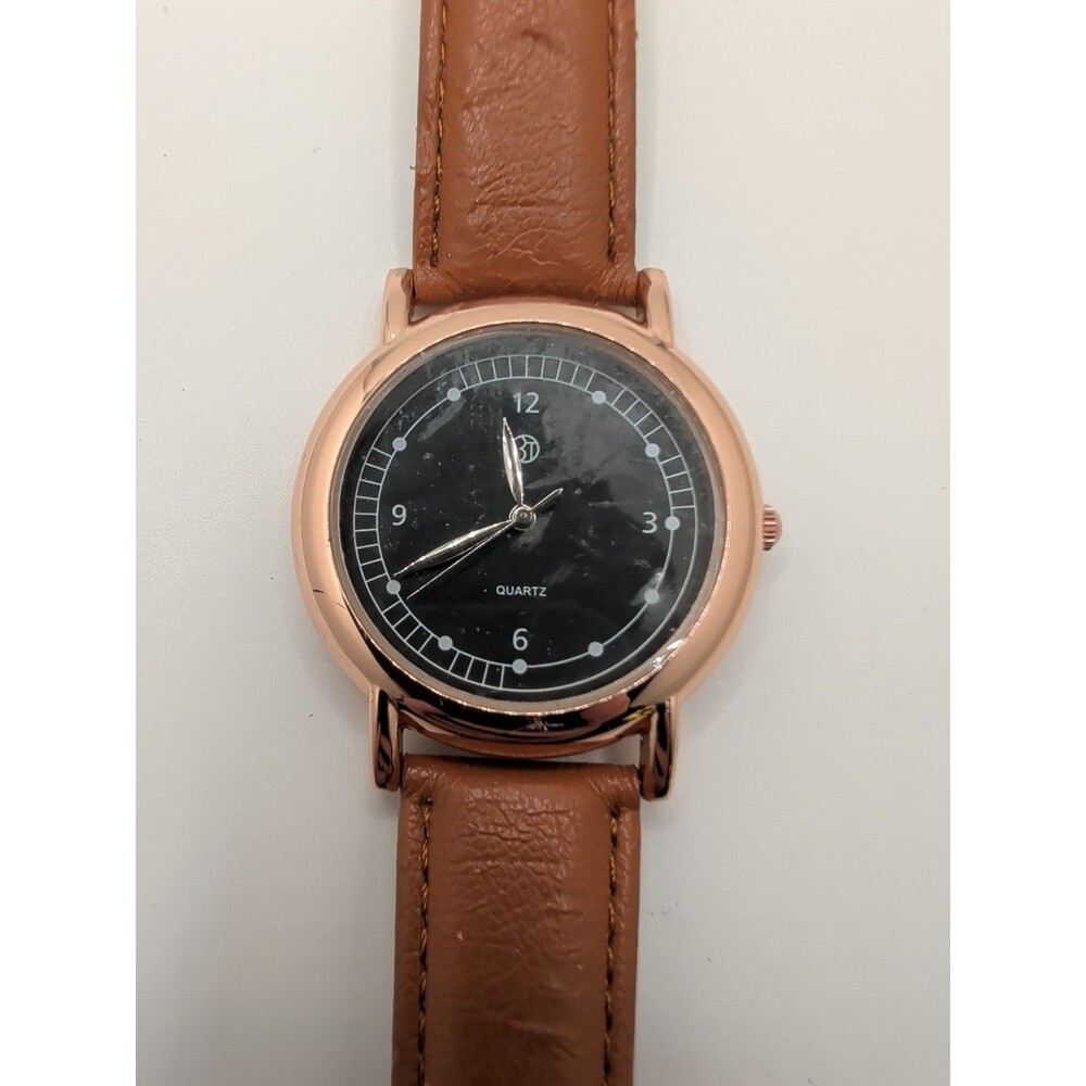 Beautiful BT Quartz Watch 40mm Round Rose Gold Tone Black Dial Tan Strap Tested